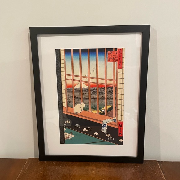 Ukiyoe Cat Japanese Art Print 12x15 Hiroshige Asakusa Rice Fields Black Frame - Picture 1 of 3